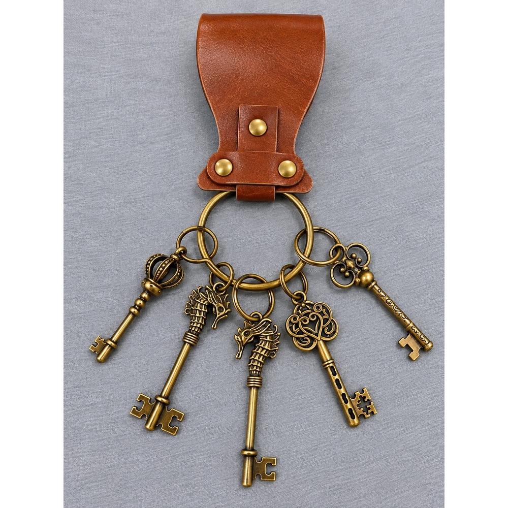 Steampunk faux Leather Belt Loop Keychain with 5 Antique Dragon Skeleton Keys